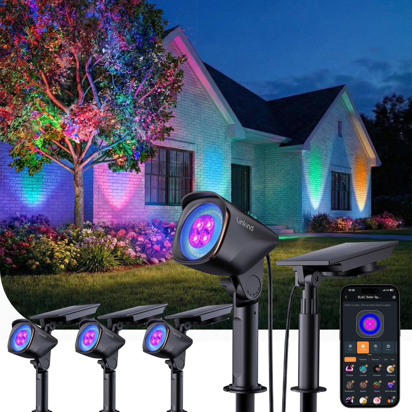 Linkind Smart SL6C Outdoor Lights Solar Powered, Dual-Ring Solar & USB Charging Solar Spotlights Outdoor Waterproof IP66, Color Changing Spot Light for Trees, Yard, Garden, Landscape, 4 Pack