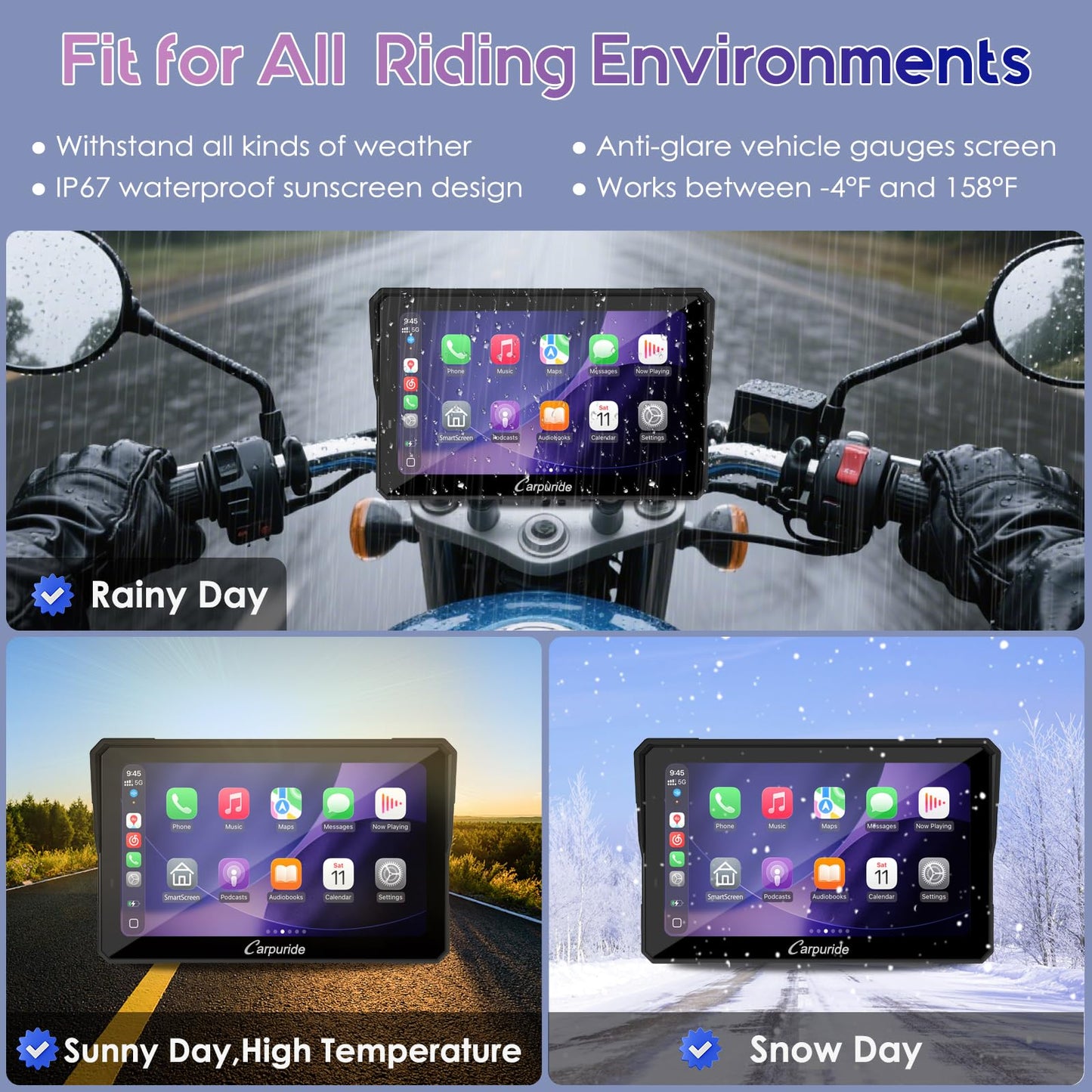 Carpuride W702T PRO 7" Waterproof GPS Navigation Screen for Motorcycle with CarPlay & Android Auto & TPMS & Dual Bluetooth, Music Sharing, Intercom, EQ, Light Sensor, Compass, Barometer