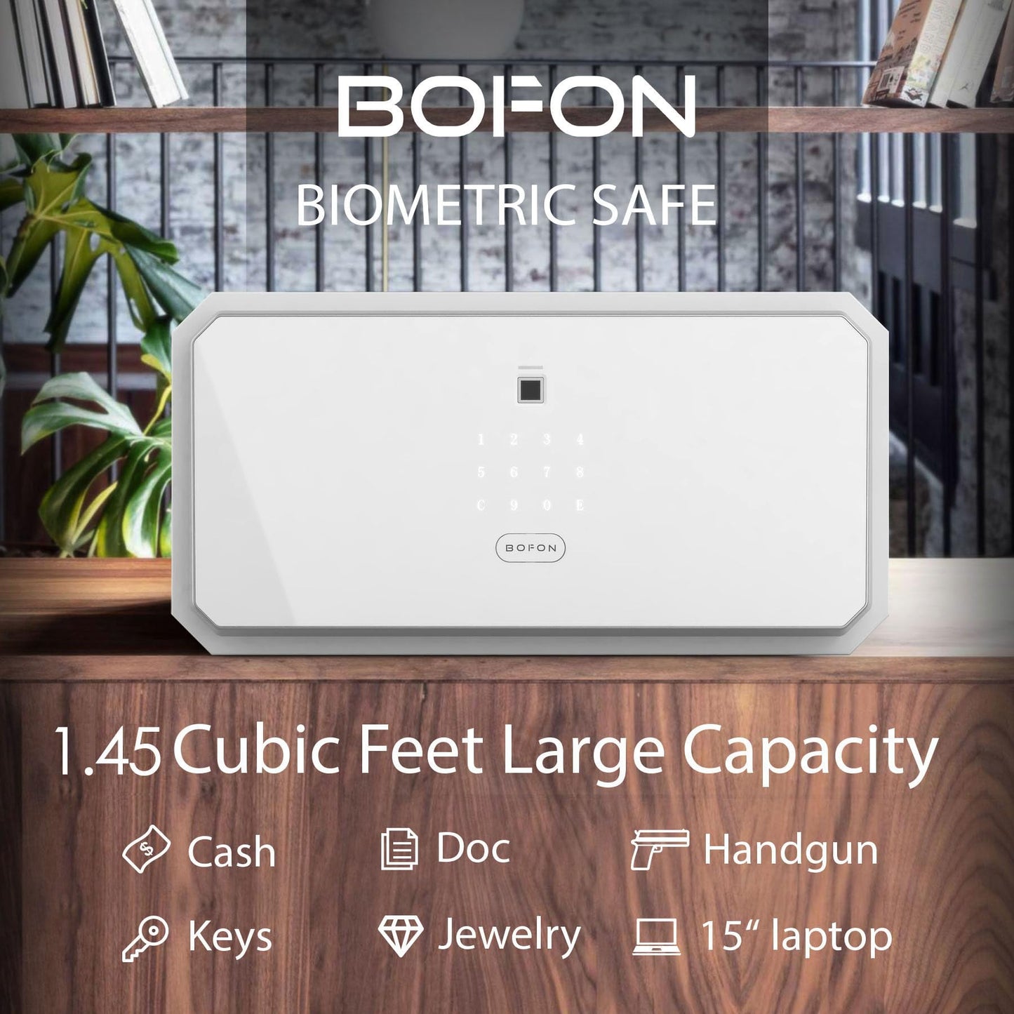 BOFON Fingerprint Password Safe Box, Security Box with Key,Safety Boxes for Home,Cabinets for Office,1.45 Cubic White