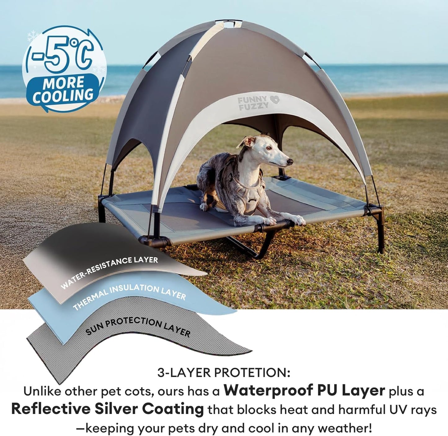 FUNNY FUZZY Elevated Dog Bed with Canopy,Grey, X-Large(48"x36"x9")–Outdoor Pet Cot with UV Protection, Breathable Mesh for Cooling, Indoor & Outdoor Use for Dogs up to 120 lbs
