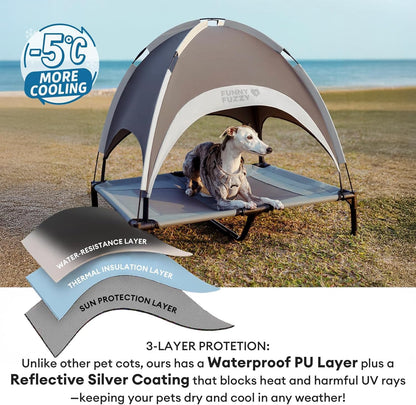 FUNNY FUZZY Elevated Dog Bed with Canopy,Grey, X-Large(48"x36"x9")–Outdoor Pet Cot with UV Protection, Breathable Mesh for Cooling, Indoor & Outdoor Use for Dogs up to 120 lbs
