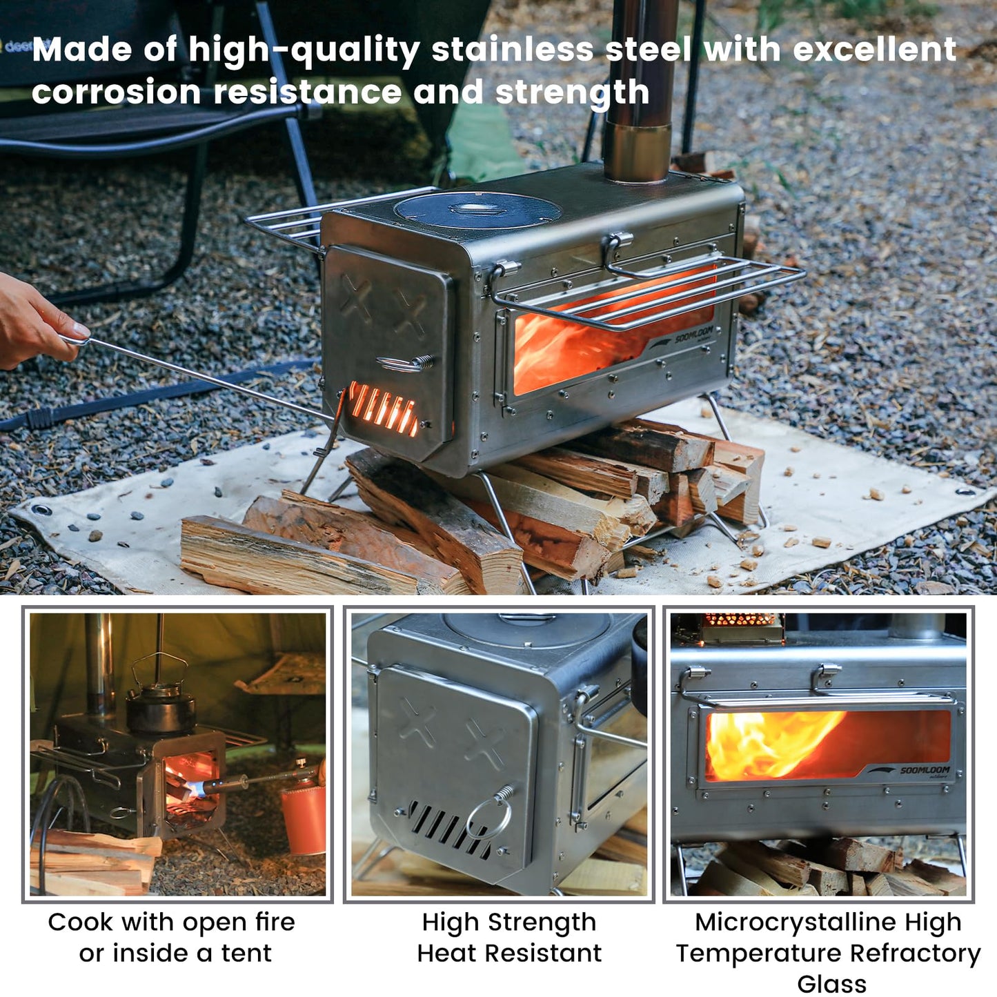 Soomloom Firewood Stove PROTO Dual-purpose Camping Pellets Combi Stove Stainless Steel Compact Tent Cooking Barbecue BBQ Campfire Chimney Portable Camp Outdoor Heating Hybrid Stove