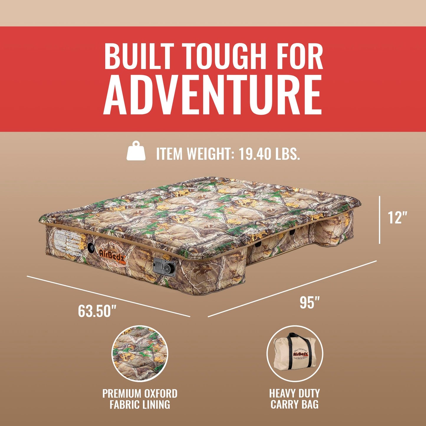 Pittman Outdoors AirBedz Mattress – Truck Bed Air Mattress, 25% More Coverage, Built-in Rechargeable Pump, Carry Bag & Repair Kit - Full-Size 8’+ Long Bed, Realtree Camouflage, PPI-401