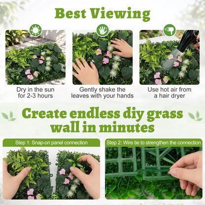Artificial Grass Wall Panels 12pcs Boxwood Pink Bougainvillea Foliage Fern UV Protected Faux Greenery Hedge, Privacy Fence Screen, Grass Backdrop for Outdoor Indoor Garden Wall Decor 16'' x 24''