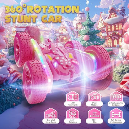 Remote Control Car for Girls Pink RC Cars Stunt RC Car Girl Toys for Girls Double-Sided 360° Rotating with Headlights 4WD Kid Toys for Birthday Gifts (Pink)