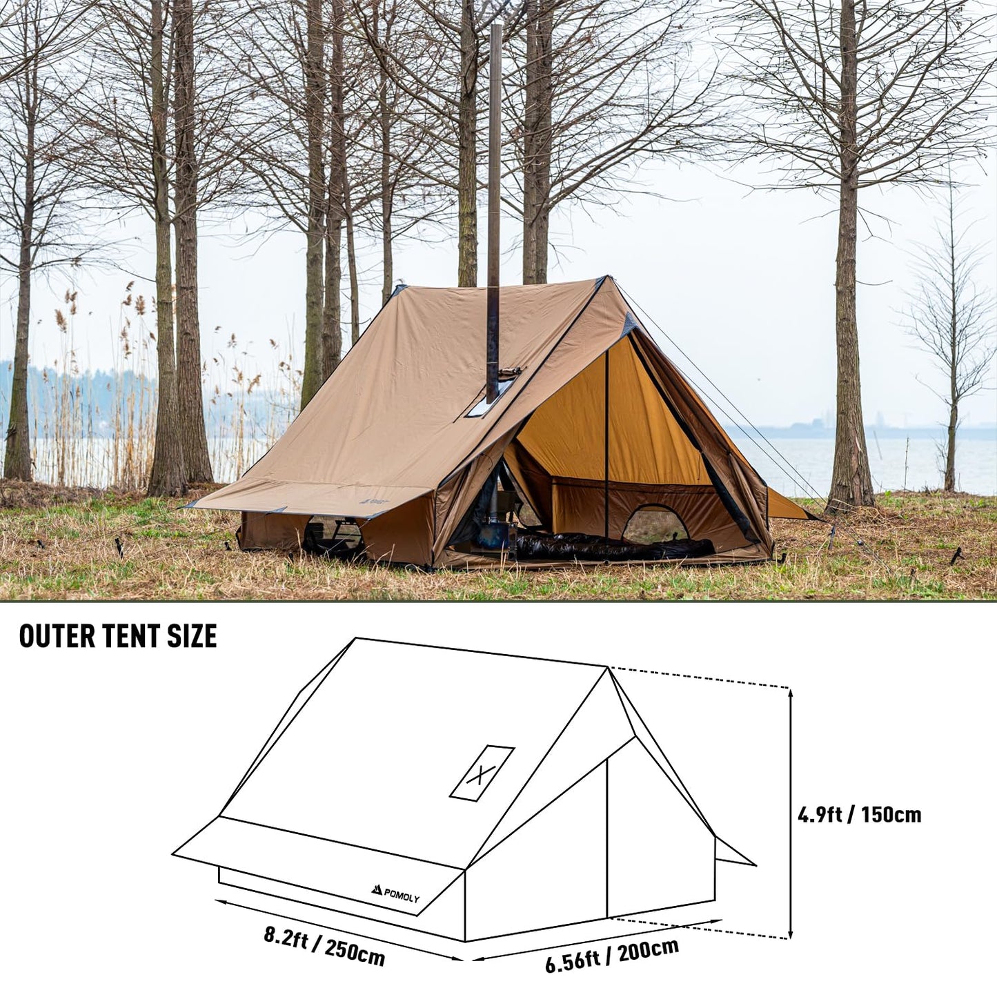 POMOLY Camping Hot Tent Cabin Tent, Chalet 70 Pro Portable Wall Tents with Stove Jack and Two Poles for 2-3 Person Hiking, Backpacking (M)