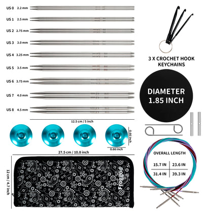 Froggod 5-Inch Stainless Steel Lace Interchangeable Circular Knitting Needle Set, Sizes US 0, 1, 2, 3, 4, 5, 6, 7, 8 Interchangeable Knitting Needles Lace-Tip with 4 Assorted Cables with Project Bag