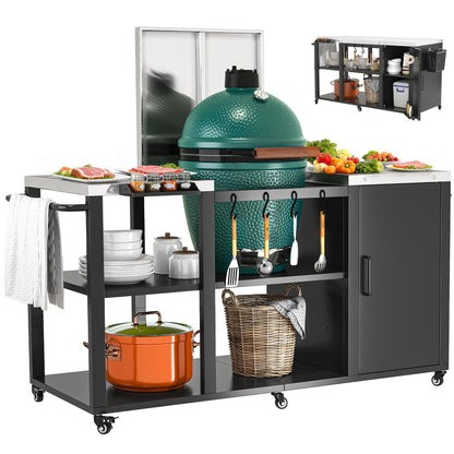 YITAHOME Big Green Egg Grill Table with Removable Stainless Steel Tabletop, Outdoor Kitchen Island with Spice Rack, Paper Towel Holder, and Trash Bag Holder, BBQ Prep Table for Parties