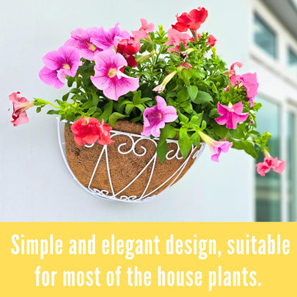 LaLaGreen Outdoor Wall Planters (2 Pack, 14 Inch) White Metal Wall Mounted Hanging Basket with Coco Liner, Semi-Circle Flower Pot Plant Holder for Fence Railing Deck Porch Balcony French Garden Decor