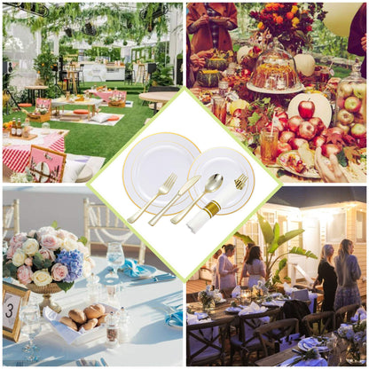 Gold Plastic Plates and Disposable Silverware w/Per-Rolled Napkins,Home Parties Heavy Duty Dinnerware incl Dinner Plates,Linen Like Napkin, Cutlery(72 pcs,12 Guests)