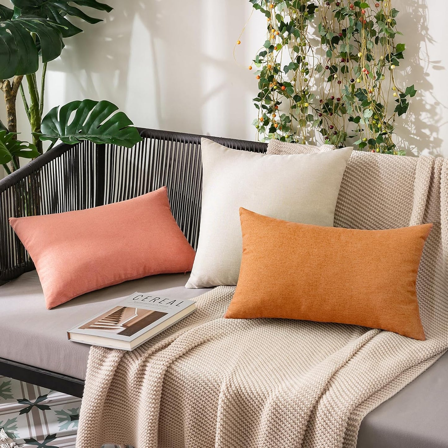 MIULEE Decorative Outdoor Throw Pillow Covers - Waterproof Faux Linen Cushion Cases | 20x12 Inch Blush Pink (Pack of 2)