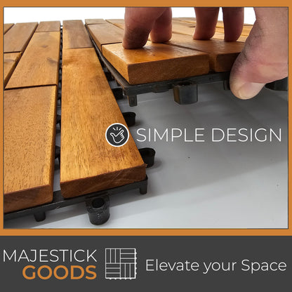 Majestick Goods Interlocking Longboard Deck Tiles, Acacia Wood Interlocking Deck Tiles - Easy Install for Patio Flooring & Walkways with Raised Base Drainage, 24 x 12 x 0.9 in. (12 Count)