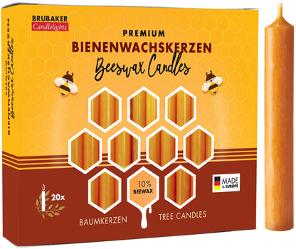 BRUBAKER 10% Beeswax Tree Candles - Pack of 20 - Honey Colored - 3¾ x ½ Inch (9.5 x 1.27cm) - Made in Europe - Pyramids, Carousels & Chimes