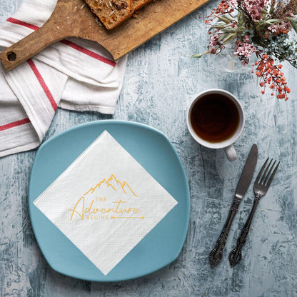 The Adventure Begins Napkins, 50 Pcs White and Gold Party Paper Cocktail Napkins for Wedding Pregnancy Announcement Baby Shower Bachelorette Engagement Graduation Bridal Shower 3-Ply