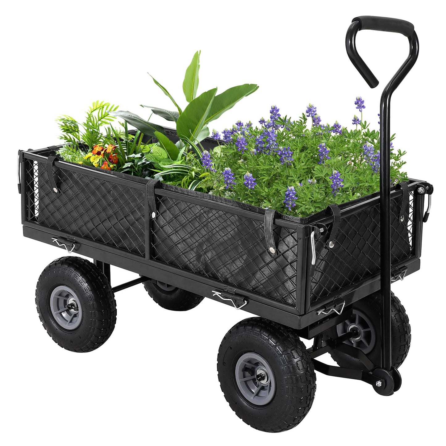 Steel Garden Cart, 500 Lbs Heavy-Duty Garden Wagon Cart Pullable on Wheels,Metal Yard Utility Wagon Carts with Removable Cart Liner, Black