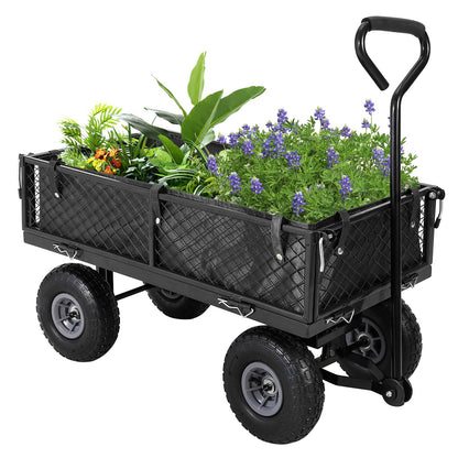 Steel Garden Cart, 500 Lbs Heavy-Duty Garden Wagon Cart Pullable on Wheels,Metal Yard Utility Wagon Carts with Removable Cart Liner, Black