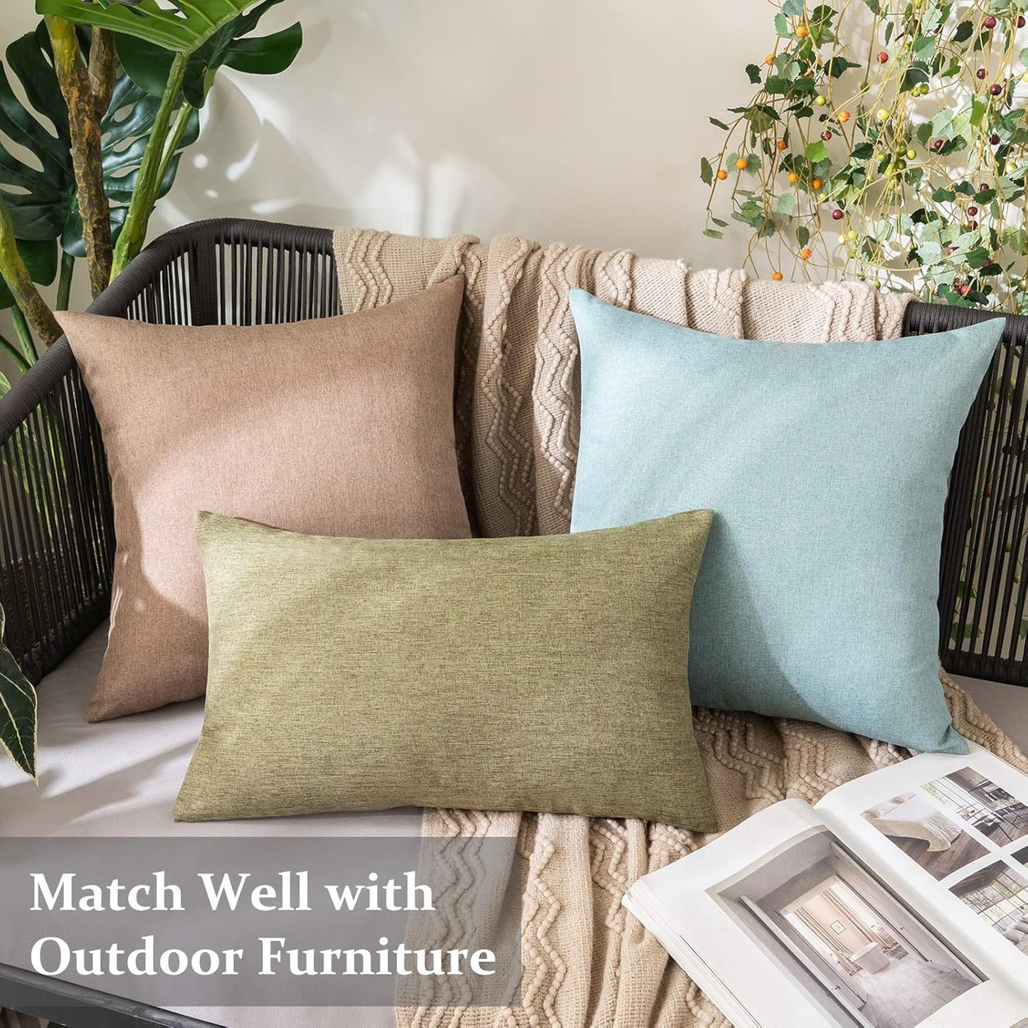 MIULEE Decorative Outdoor Throw Pillow Covers - Waterproof Faux Linen Cushion Cases | 22x22 Inch Dark Green (Pack of 2)
