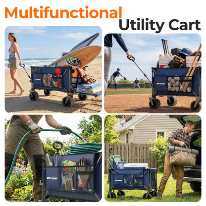 Aimnny 55" Collapsible Wagon with Tailgate & Brakes - 500LBS Heavy Duty Multi-Terrain Cart, 300L Foldable Utility Wagon with Cup Holders & Side Pockets for Beach Sand Camping Sports Shopping (Blue)