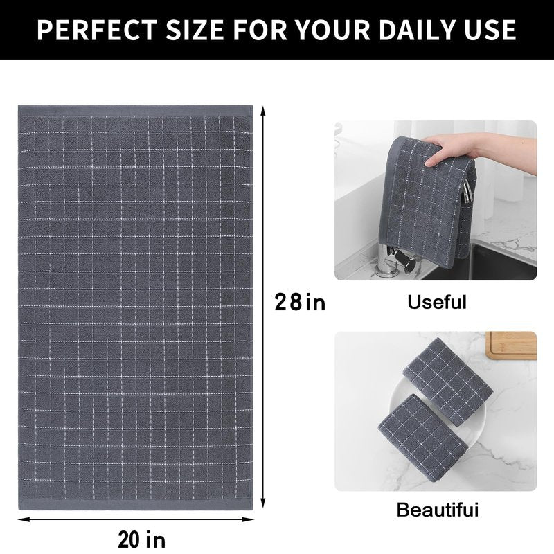 Homaxy 100% Cotton Terry Kitchen Towels(Dark Grey, 20 x 28 inches), Checkered Designed, Soft and Super Absorbent Dish Towels, Large 4 Pack