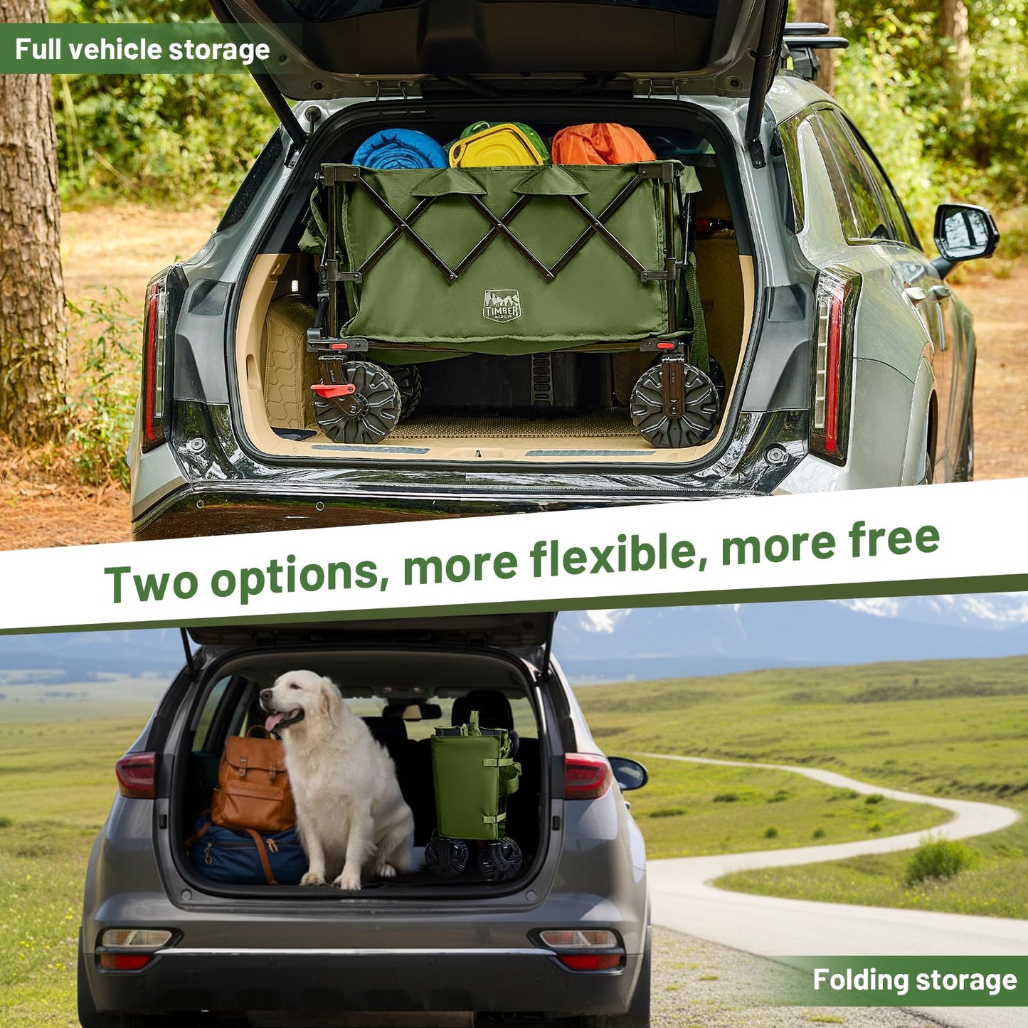 TIMBER RIDGE Outdoor Collapsible Folding Wagon with Brakes and Cup Holders, 500lbs Heavy Duty All Terrain Wheels Utility Cart for Shopping Camping Garden Sports, Green