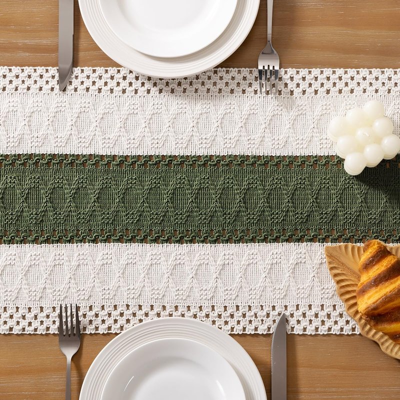 Socomi Boho Table Runner Summer Farmhouse Rustic Dining Kitchen Centerpiece Decor Small Macrame Woven Cotton Linen Coffee Table Runner for Dresser Scarf Home Decor 12x48 inch Olive Green