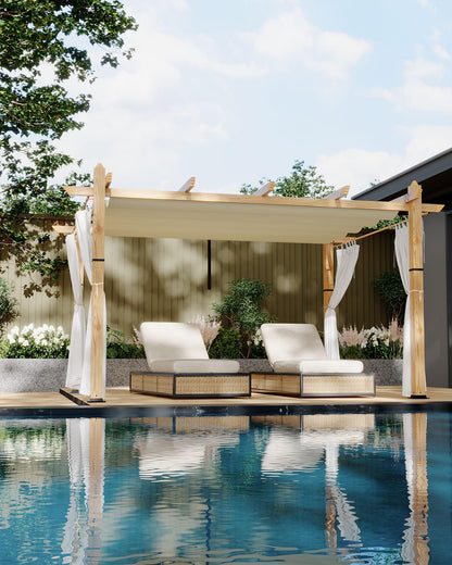 KYBOLT 10x13 Ft Outdoor Pergola with Retractable Canopy Aluminum Gazebo Imitation Wood-Grain Post with Side Mesh Screen Pavilion for Backyard Deck-Beige+White