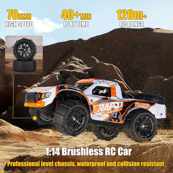 1:14 RC Cars 70 KMH High Speed Brushless Remote Control Car All Terrain Fast Trophy Truck for Adults Teens Boys 4WD Off-Road Hobby RC Buggy 50 Mins Play Short Course RC Monster Truck (RTR)