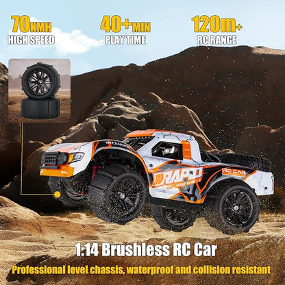 1:14 RC Cars 70 KMH High Speed Brushless Remote Control Car All Terrain Fast Trophy Truck for Adults Teens Boys 4WD Off-Road Hobby RC Buggy 50 Mins Play Short Course RC Monster Truck (RTR)