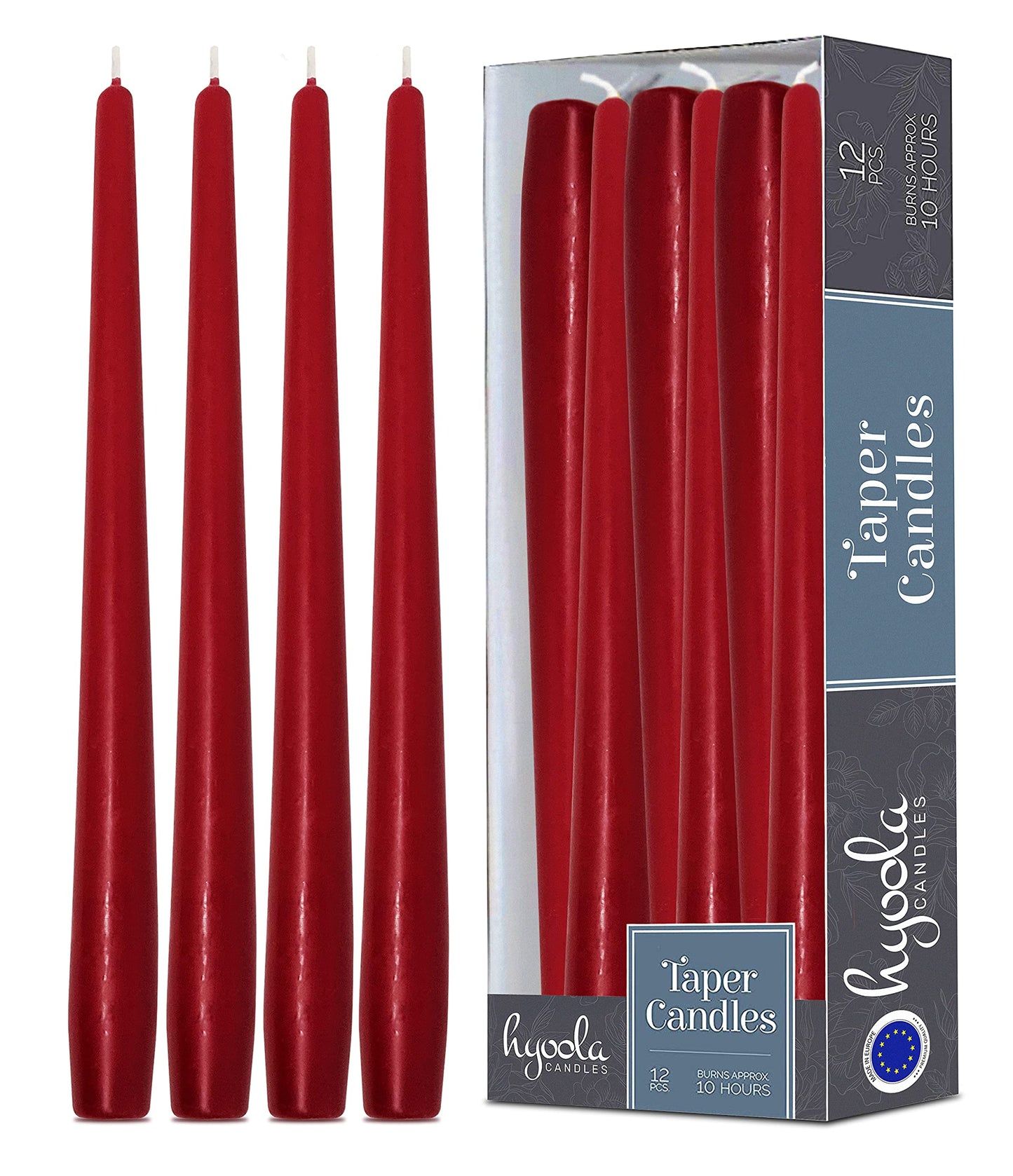 Hyoola Tall Taper Candles - 12 Inch Cherry Red Unscented Dripless Taper Candles - 10 Hour Burn Time - 12 Pack