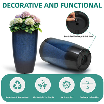 Autodaya 23.8" Large Tall Planters Set of 2 Plant Pot Plastic Flower Pots Outdoor Gradient Cobalt Blue Finish Front Porch Decor Pot Weather-Resistant & Lightweight for Garden, Patio, Deck, Indoor