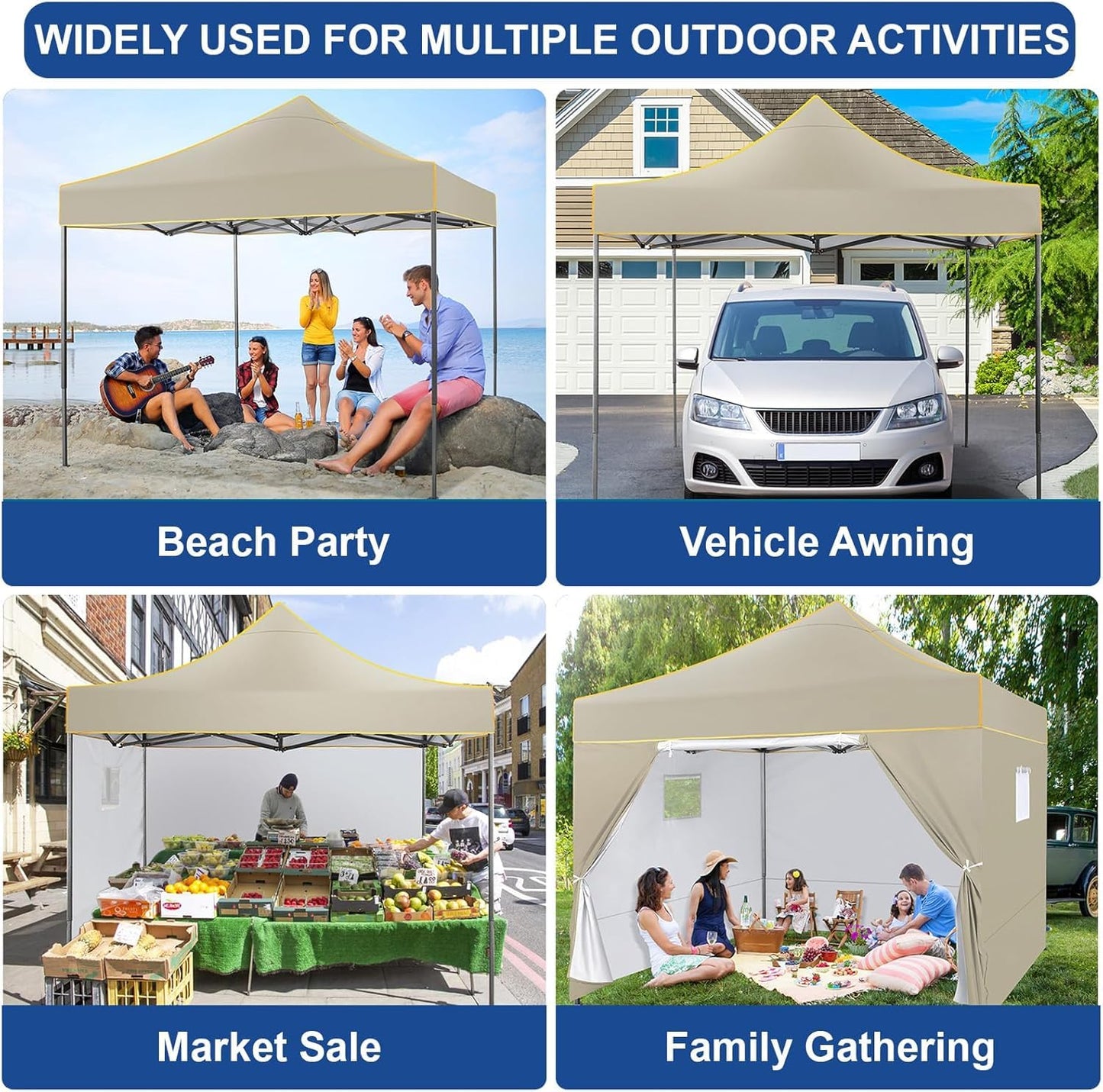 COBIZI 10x10 Heavy Duty Pop up Canopy with 4 Removable Sidewalls, Canopy Tent with Portable Bag, Pop up Tent Commercial Gazebo Waterproof Sunshade for All Weather Party Camp Stall Patio,Khaki