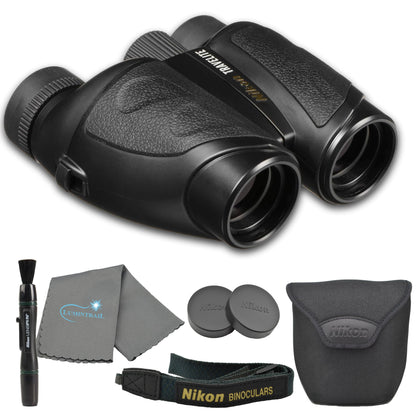 Nikon Travelite 8x25 Binoculars (7277) Travel Bundle - Black With Lens Pen, Carry Case, and Lens Cloth - High Powered Compact for Adults - Bird Watching, Hunting, Hiking