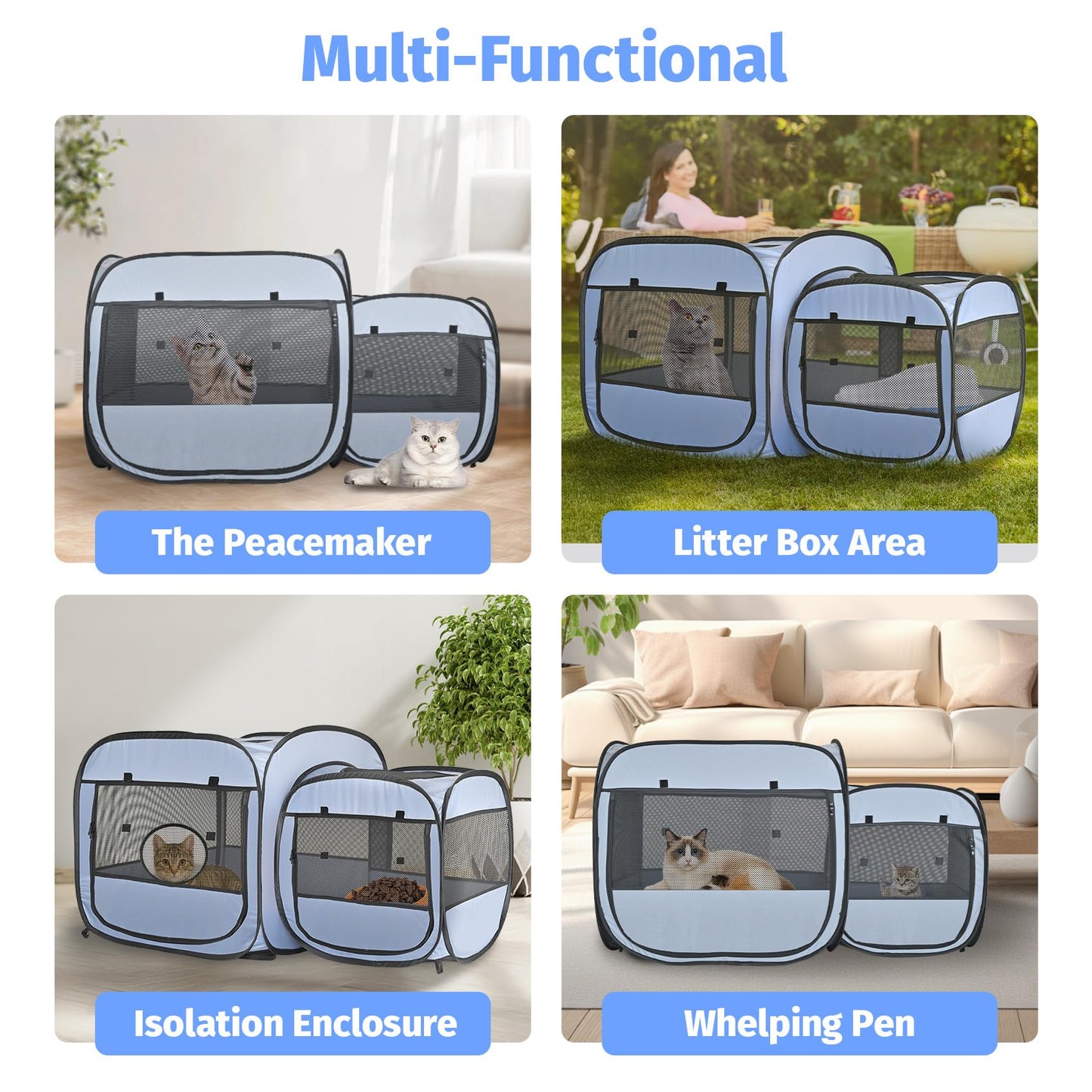 EighteenTek® 2-in-1 Portable Cat Playpen(Front Doors), Pop up Kitten Playpen, Assembly-Free, Pet Tent Crates Kennel Cage Enclosure for Dog Puppy Indoor Outdoor(No Divider, Unified Space)