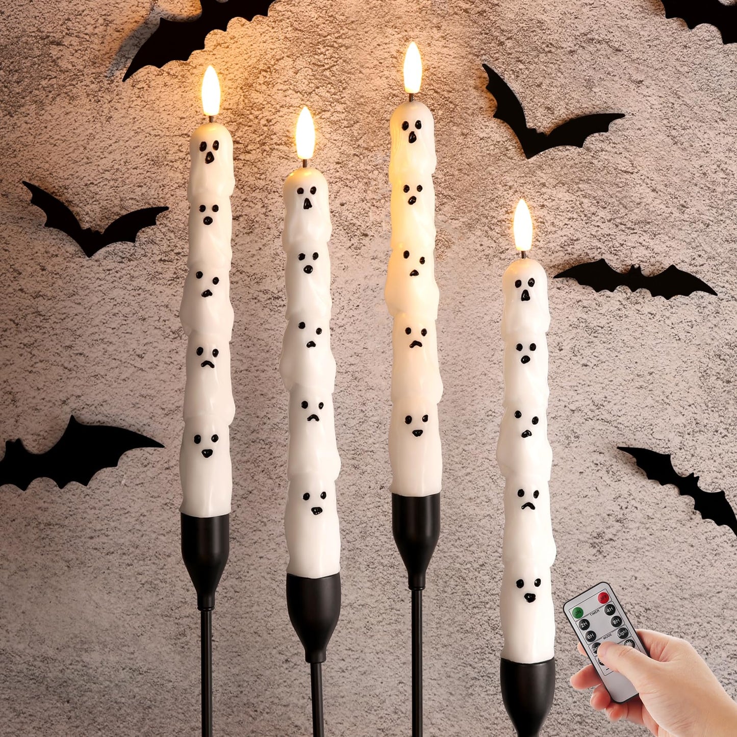 Girimax White Ghost Halloween Flameless Taper Candles with Remote, Spooky LED Wax Candlesticks Battery Operated Flickering, Set of 4