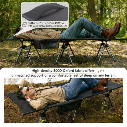 MOON LENCE Camping Cot, Height Adjustable with Cot Leg Extenders, Strong Support 330lbs, Ultra Lightweight Comfortable Folding Bed for Adult Camping, Hiking, Travel, Truck, Beach, Office Nap