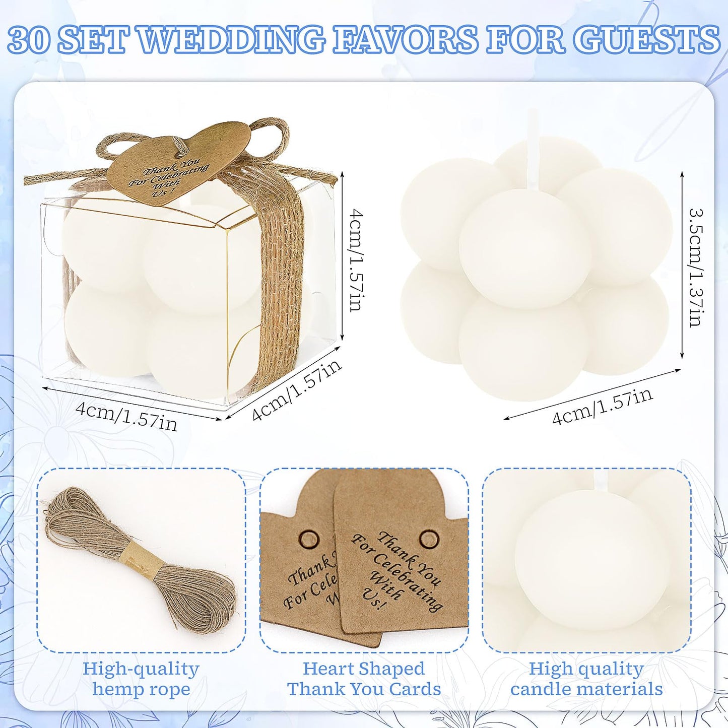 30 Sets Mini Bubble Candles Wedding Favors for Guests, 1.57" Soy Wax Candle Thank You Gifts with Cards, Dried Flowers & Clear Gift Boxes for Bridal Shower Baptism Baby Shower (Ivory)