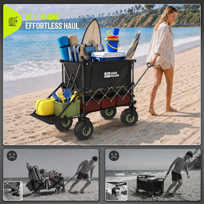 Hikemoon Double Decker Beach Wagon with 10" Big Balloon Wheels for Sand, 54'' Extra Long 560LBS Heavy Duty Wagons Carts Foldable, 400L Large All-Terrain Collapsible Folding Cart for Outdoors, Black