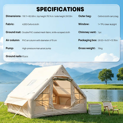 2026 New Inflatable Tent for Camping 68 sq.ft, 4 Person Blow Up Tent with Stove Jack & Hand Pump, Khaki Waterproof Oxford Air Glamping Tent, Easy Setup 4 Season Luxury Cabin Tent for Outdoor Family