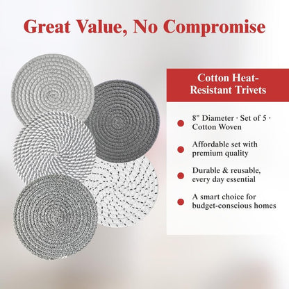 CATIFLIN 8 Inch Heat Resistant Trivets for Hot Dishes, 5-Pack Cotton Woven Pot Holders & Hot Pads Set – Kitchen Countertop & Table Protector, Home Essentials Decor
