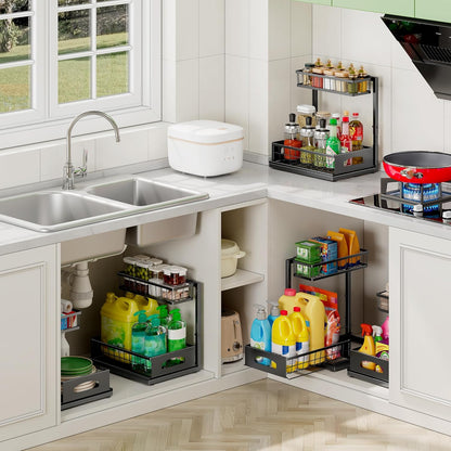 Under Sink Organizer by [Brand Name] - Adjustable 2-Tier Metal Storage Solution for Kitchen & Bathroom (Black, 2 Pack)