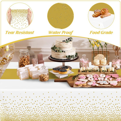 QZYL 12Pack Table Cloth Rectangle Tables, 54" x 108" Disposable Party White Table Cloths with Gold Dot, Waterproof Table Covers for Birthday Outdoor Wedding New Year Eve Birthday Decorations Supplies