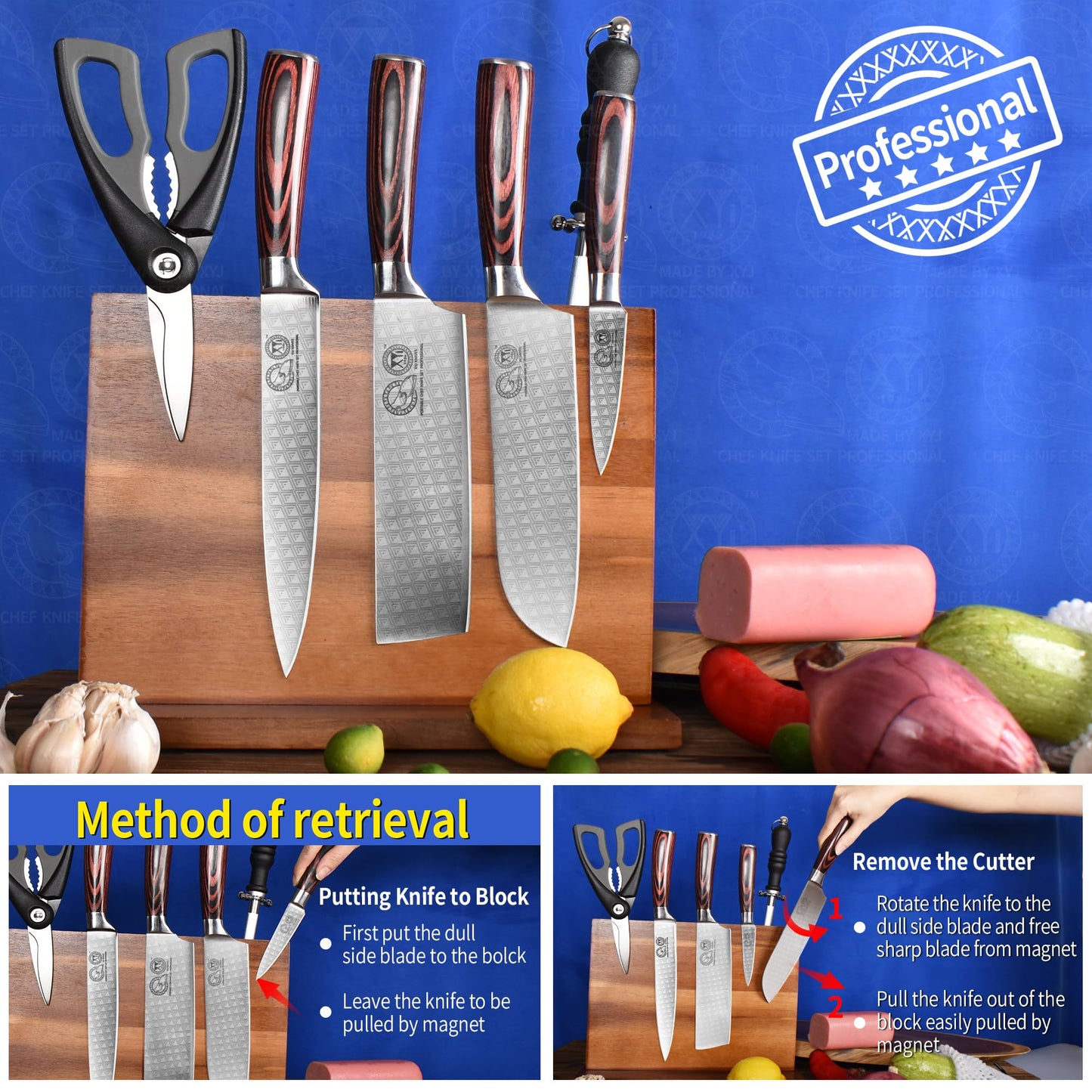 XYJ Authentic Since 1986, Magnetic Knife Block, Double Side Kitchen Knife Stand, Acacia Wood, Magnetic Knife Holder with Strong Enhanced Magnets,Knives Storage Rack Stand for Home Kitchen