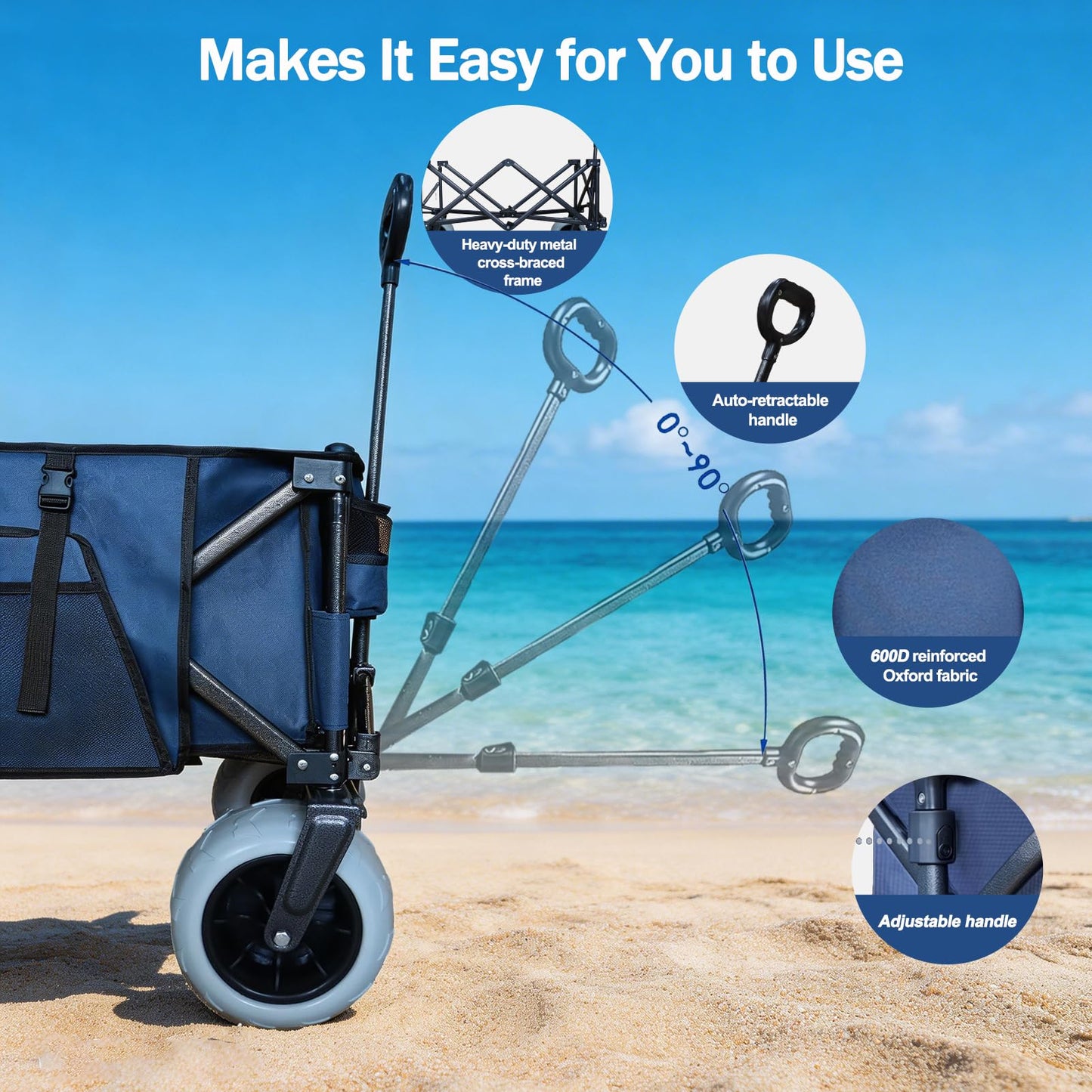 OTIATrail Beach Wagon, Big All-Terrain 9"x4" PU Wheels for Sand, 200L Large Capacity & 330lbs Heavy Duty, Collapsible Utility Wagon with Extended Tailgate for Beach Camping Outdoors