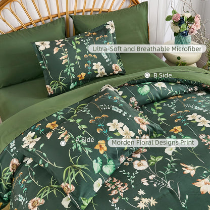 DJY Queen Comforter Set, Green Botanical Floral Bedding Comforter Sets Queen Size for All Seasons, 7 Pieces Bed in a Bag Lightweight Microfiber Comforter Set with Sheets Pillowcases & Shams