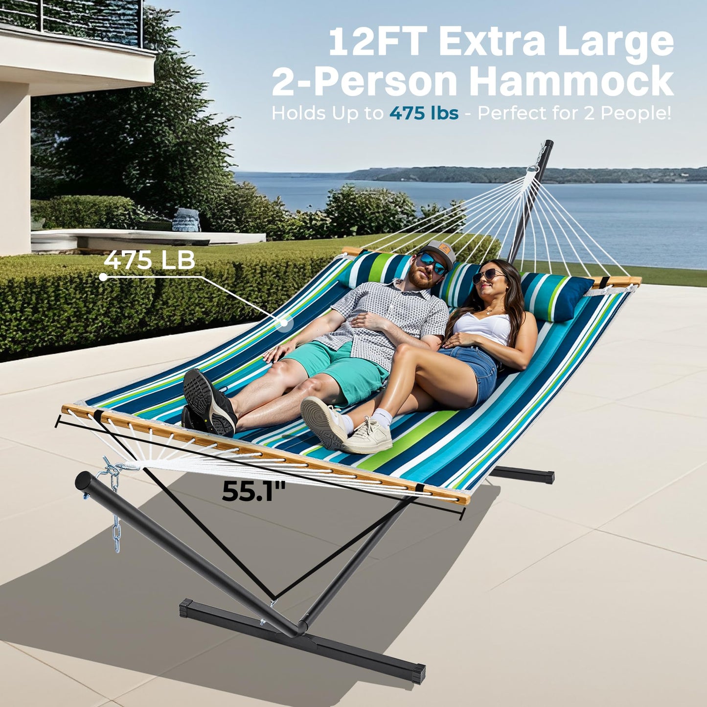 SUPERJARE Hammock with Stand, 2 Person Quilted Outdoor Hammock, Detachable Pillow & Bamboo Spreaders, Portable Hammock with Carrying Bag, Heavy Duty Stand, Perfect for Outside, Patio, Dark Cyan