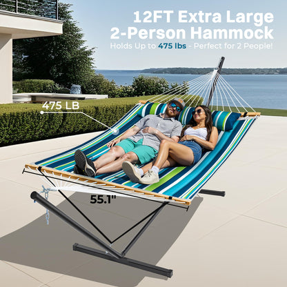 SUPERJARE Hammock with Stand, 2 Person Quilted Outdoor Hammock, Detachable Pillow & Bamboo Spreaders, Portable Hammock with Carrying Bag, Heavy Duty Stand, Perfect for Outside, Patio, Dark Cyan