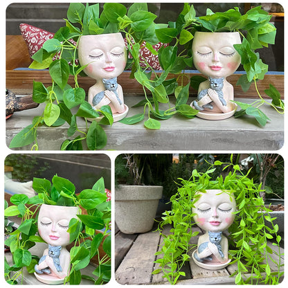 ASDFG Face Plant Pots Head Planters - Face Flower Pot Head Planter with Cat, Succulent Pots with Drainage Hole, Resin Lady Planter for Indoor Outdoor, Home Decor, Mother's Day/Women Gifts