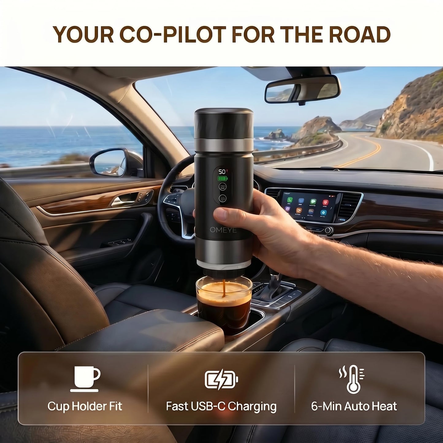 OMEYE Portable Espresso Maker for Camping Travel Office – 20 Bar Self-Heating Cordless Coffee Machine, LED Display, Dual 7500mAh Battery, USB-C, Compatible with Small/Large Capsules & Ground Coffee