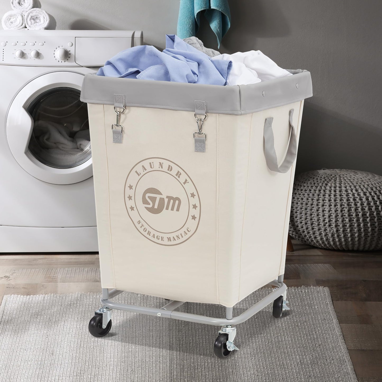 STORAGE MANIAC Umbrella Drying Rack and Medium Industrial Laundry Cart Set - Streamlined Laundry Solution with High Capacity and Extra Accessories for Efficient Washing, Drying, and Storage