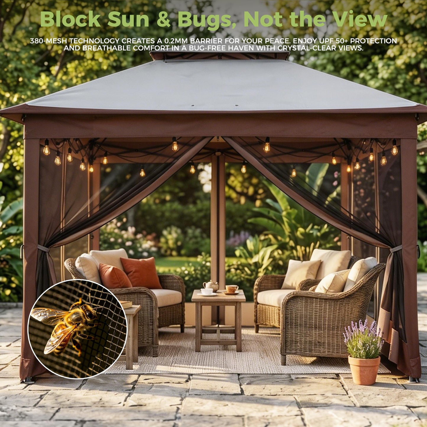 Solaroxy 10' x 10' Pop Up Gazebo Tent, Outdoor Screen Canopy Shelter, Instant Patio Sun Shade Gazebo Tent with 2 Tiers Roof & Mesh Netting for Garden, Lawn, Backyard, Party, Beige & Coffee